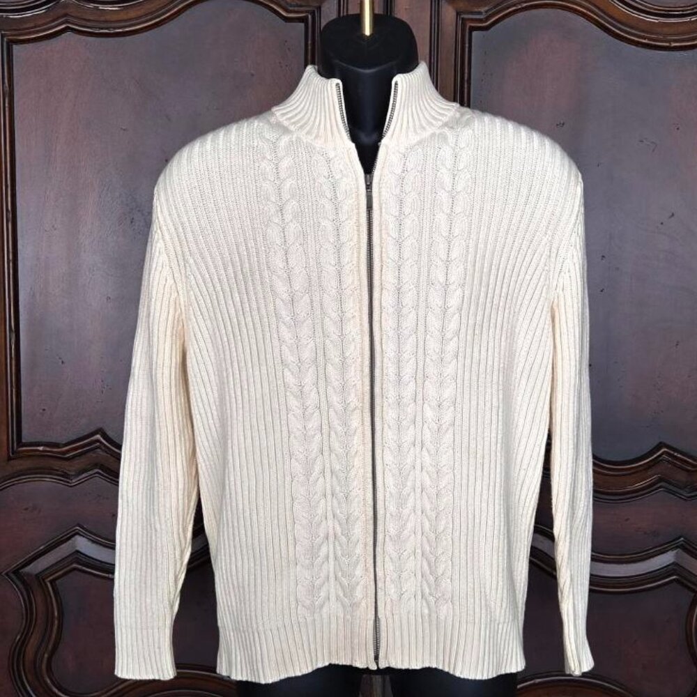 90s Lands’ End Women’s Ivory Cable Knit Full Zip Sweater 100% Cotton L 14-16 Reg